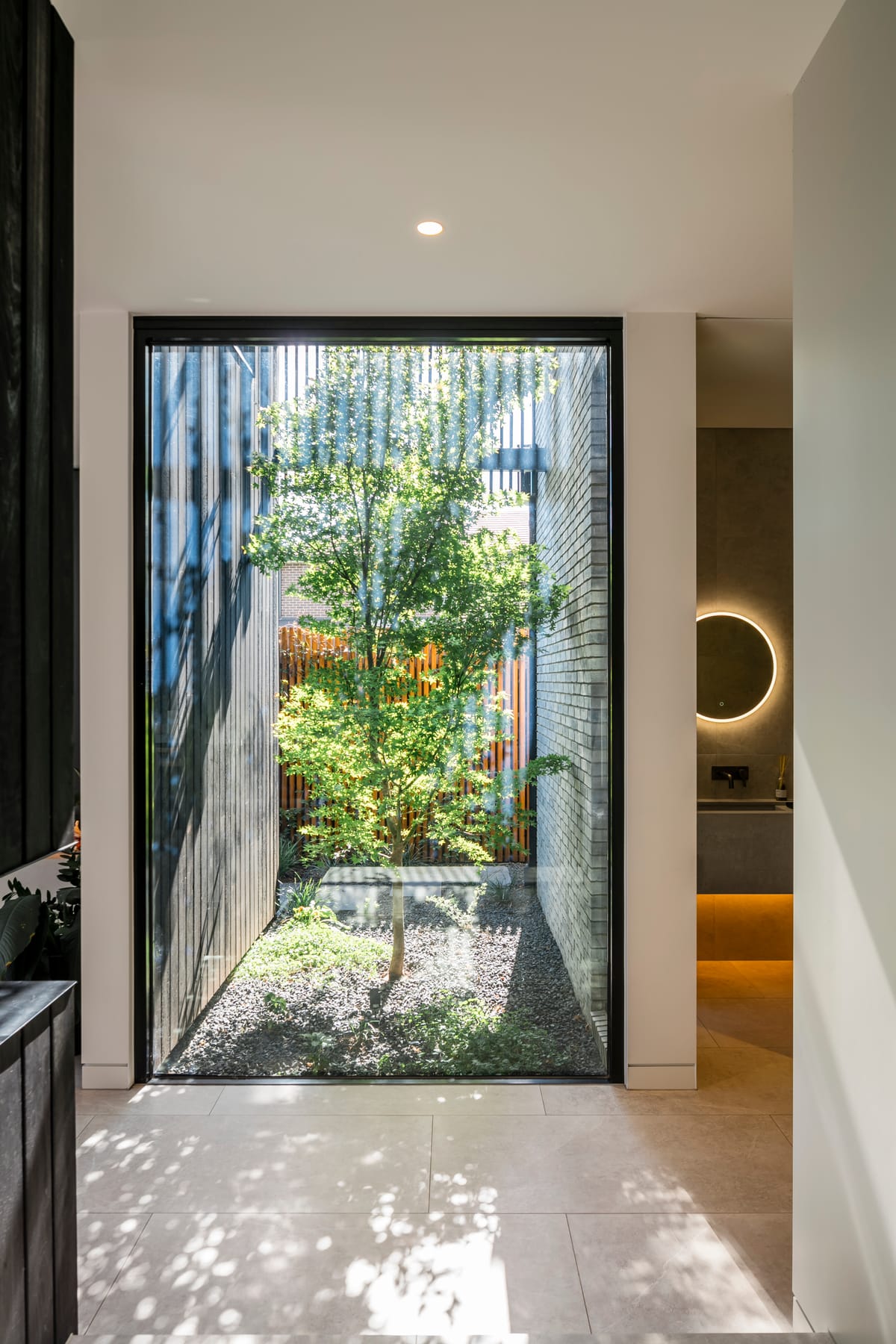 A quiet Ivanhoe interior looking onto a planted courtyard