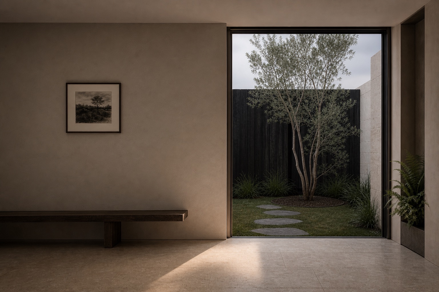 A quiet MONK Space interior looking onto a garden courtyard